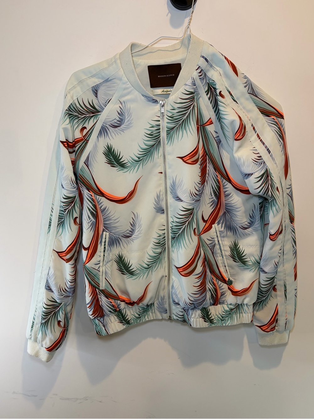 Scotch & Soda White Bomber Jacket with Red & Green Feather Print